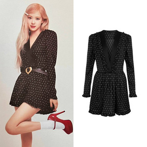 rose朴彩英同款黑色v领波点连衣裙女春季新款气质收腰荷叶边短裙