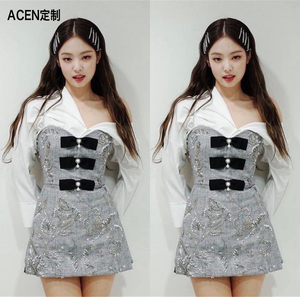 金智妮jennie同款韩版蝴蝶结灰色露肩衬衫抹胸连衣裙舞台装演出服
