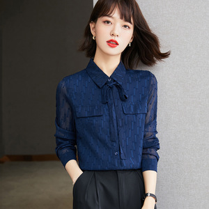 正品哥弟新款早秋polo领长袖蝴蝶结雪纺衬衫女装2022女式洋气小衫