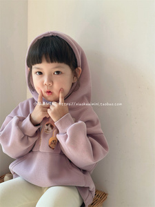 小苹果MINI2024秋冬韩版女童宝宝紫色卡通卫衣儿童连帽加绒上衣潮