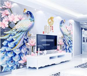 2023年浮雕电视背景墙纸手绘3D立体浮雕孔雀玉兰花电视背景墙壁画