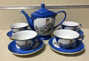 唐山五瓷厂蓝釉开窗侍女茶具一套茶壶茶碗怀旧收藏老瓷器老瓷壶