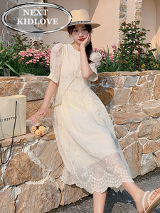 日本代购白色刺绣泡泡袖连衣裙女夏桔梗法式高级感蕾丝欧根纱长裙