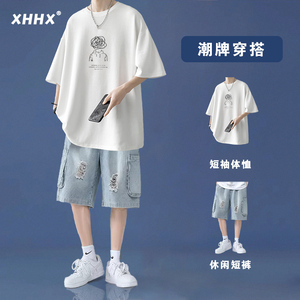 纯棉短袖T恤男夏季宽松潮牌男装一套半袖上衣短裤两件套休闲套装