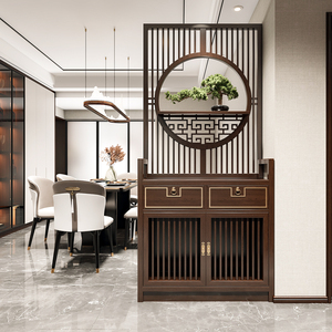 新中式隔断柜客厅屏风柜定制柜子玄关柜鞋柜一体镂空实木入户挡煞