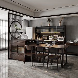 新中式家用实木岛台餐桌一体餐厅橱柜餐边柜收纳柜中式木质吧台