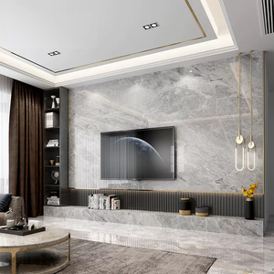 灰色岩板悬空电视背景墙轻奢格栅瓷砖简约现代客厅石材影视墙造型