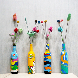 原创手绘花瓶家居装饰品酒柜客厅摆件北欧干花创意玻璃艺术瓶子画