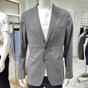 专柜正品 男士时尚绅士 夏季薄款 深灰色条纹休闲单西服 华萨尼