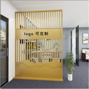 铁艺屏风隔断办公室公司前台logo形象背景墙入户门可移动镂空格栅