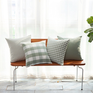 俏空间 新款涤棉帆布休闲靠垫腰枕格子条纹豆绿系列客厅沙发抱枕