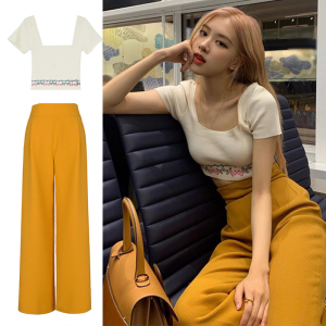 blackpink rose朴彩英同款白色短款高腰露脐针织衫短袖薄款女夏新