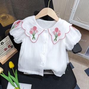 女童2024春夏季新款娃娃衫中小童女孩精致绣花边领衬衣百搭打底衫
