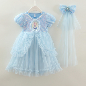 女童艾莎公主裙夏装2024新款小女孩洋气蓬蓬礼服裙儿童短袖连衣裙