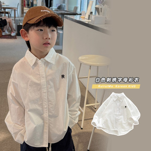春秋装韩国中小男宝宝童装复古长袖白色刺绣字母衬衫男童经典衬衣