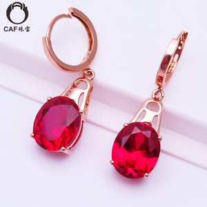CAF珠宝俄罗斯585紫金 14K金新品玫瑰金 时尚镶嵌红宝石耳环