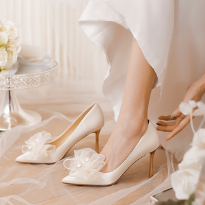 法式主婚纱鞋2023年新款新娘伴娘鞋白色蝴蝶结不累脚高跟鞋细跟