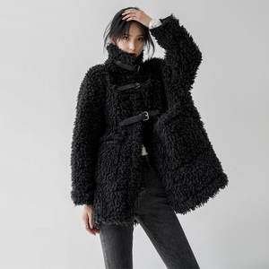 羊羔毛外套女2021秋冬韩版仿羊毛高领气质黑色加厚皮草毛绒大衣