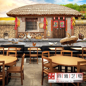 农家乐餐馆饭店墙纸复古农家院壁画中餐厅农庄布置装饰背景墙壁纸