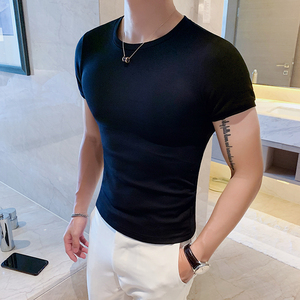 香港夏季新款时尚修身短袖男T恤韩版紧身圆领打底衫白t血桖潮半袖