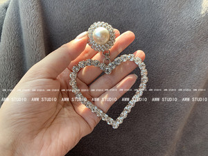 欧美小众设计圆形珍珠闪钻吊坠大小心形气质AR耳环网红明星耳夹女