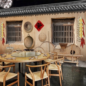 农家乐背景墙纸80年代怀旧东北风农村土墙铁锅炖农产品直播间壁纸