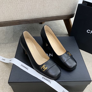 代购 chanel/香奈儿女鞋 新款复古双c方头高跟鞋粗跟浅口套脚单鞋