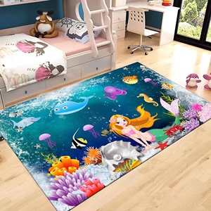 蓝色海洋鱼主题儿童宝宝学生床边卧室房间地毯耐脏易打理防滑地垫