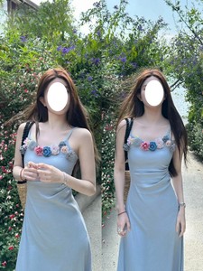 大码胖mm立体花朵蓝色吊带连衣裙子女夏季法式性感纯欲修身包臀裙