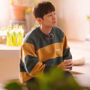 原版朋友请听好2何炅同款卫衣条纹拼色字母印花圆领上衣男衣服潮