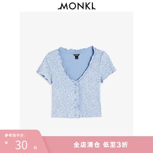 MONKI2021新款奶油蓝上衣女夏花边设计V领短款短袖T恤