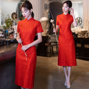 大码女装夏季新款中国风复古气质名媛改良版蕾丝连衣裙红色旗袍