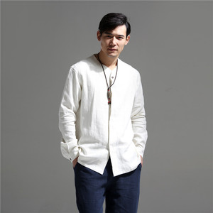 中国风亚麻t恤男 长袖极简禅意男装禅服男士夏季纯色上衣茶服中式