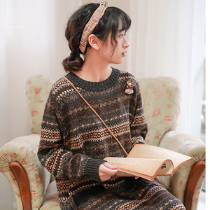 日系女装文艺复古提花针织套头长款毛衣森系宽松古着外套2020