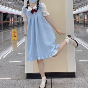 现货原创海盐奶芙蓝色秋款荷叶边卡奶裙护奶裙可爱减龄软妹背心裙