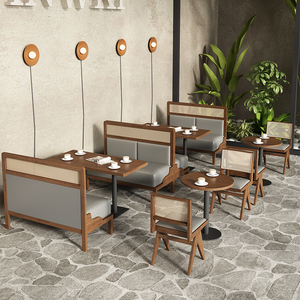 实木编藤火锅奶茶店咖啡西餐厅卡座沙发桌椅组合双人长条卡位餐桌