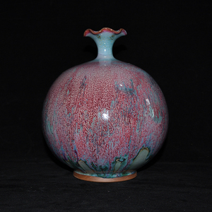 河南神垕古镇钧瓷摆件大师作品柴烧手拉坯荷叶石榴瓶中式家居饰品