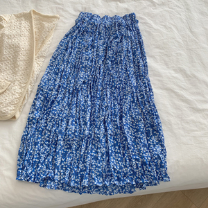 自愈系.夏季超美复古幽蓝色压褶雪纺碎花半身裙女显瘦中长款裙子