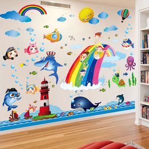 卡通海豚海底世界海洋贴纸墙贴自粘墙纸动物装饰墙面布置游泳馆