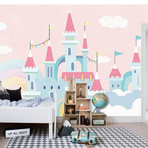 卡通粉色儿童房卧室墙纸公主房梦幻温馨城堡壁纸幼儿园背景墙墙贴