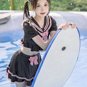 iqcq气球熊原创分体泳衣【元气少女】学院风海军领水手服黑粉泳装