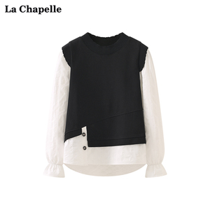 拉夏贝尔/La Chapelle花边圆领不规则下摆针织拼接假两件衬衫女春