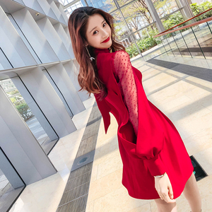 韩语琳秋冬红色裙子2023新款女装潮韩版性感网纱拼接灯笼袖连衣裙
