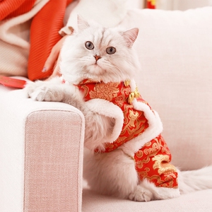 小猫咪衣服冬装过年喜庆红色舞狮唐装宠物幼猫拜年服四脚时尚可爱