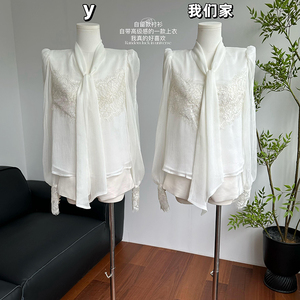 白色雪纺衬衫女春设计感蕾丝拼接内搭蝴蝶结高级感气质上衣
