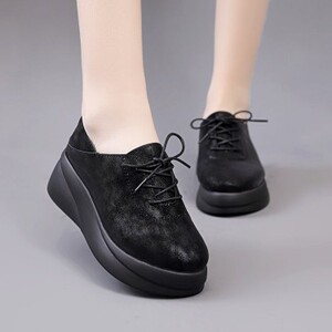 jed吉尔达真皮复古坡跟小皮鞋女2022春秋季新款系带厚底女乐福鞋