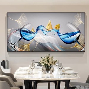 轻奢餐厅装饰画新款酒杯横幅现代简约饭厅挂画手绘油画背景墙抽象