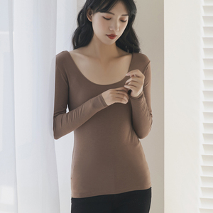 肉色莫代尔打底衫女春秋内搭长袖t恤2021新款u领低领薄款紧身上衣
