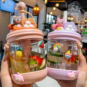 小熊水杯卡通可爱女tritan学生新年奶茶杯子带吸管耐热随手杯塑料