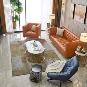 意式简约爱马仕橙皮艺单人椅美式轻奢现代网红小户型123组合沙发